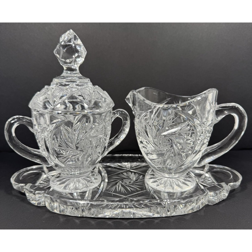 Ofnah Poland 24% Lead Crystal Creamer Sugar Bowl w/ Lid & Tray Pinwheel‎ Star Of